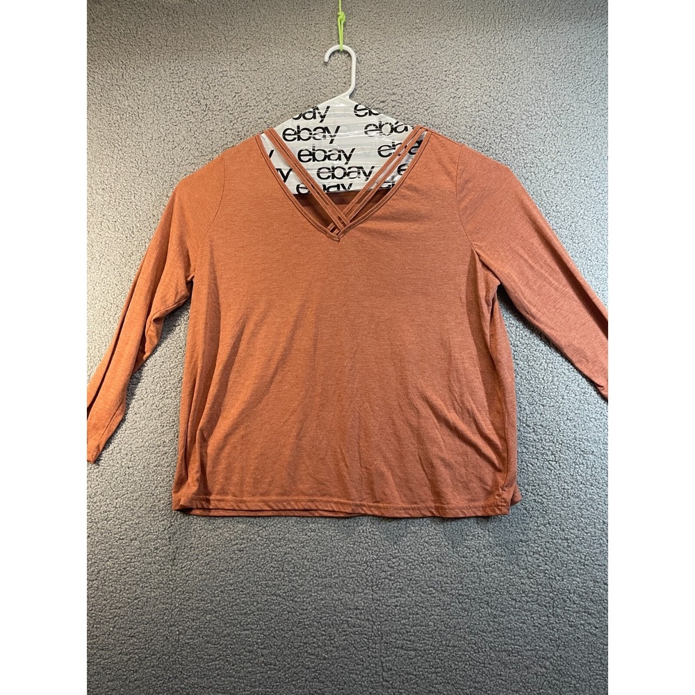 Shein Curve Rust Orange Long Sleeve Criss-Cross V Neck Pullover Top Size 2XL